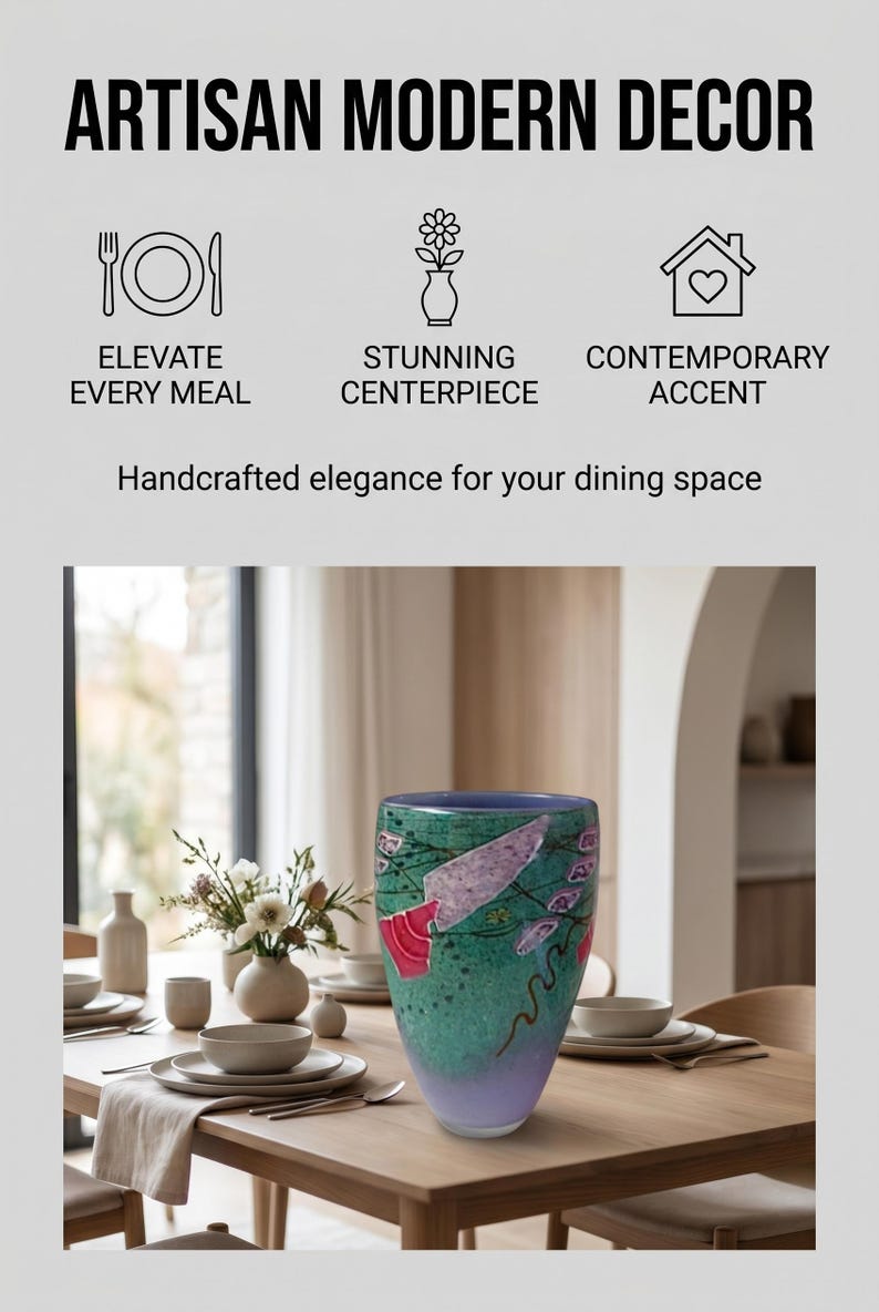 May include: A glass vase with a tapered shape, featuring a gradient of purple at the base transitioning to a speckled teal green. The surface displays abstract pink and white painted shapes. Text reads: ARTISAN MODERN DECOR, ELEVATE EVERY MEAL, STUNNING CENTERPIECE, CONTEMPORARY ACCENT, Handcrafted elegance for your dining space.