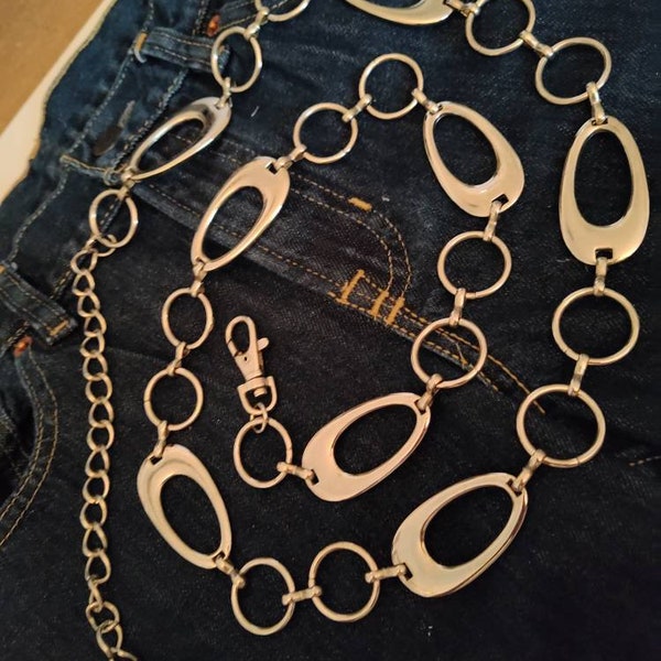 Vintage bold Biker chain Belt link bright silver metal chain BELT with 1" wide for jeans tunic dress necklace adjustable 40-48"