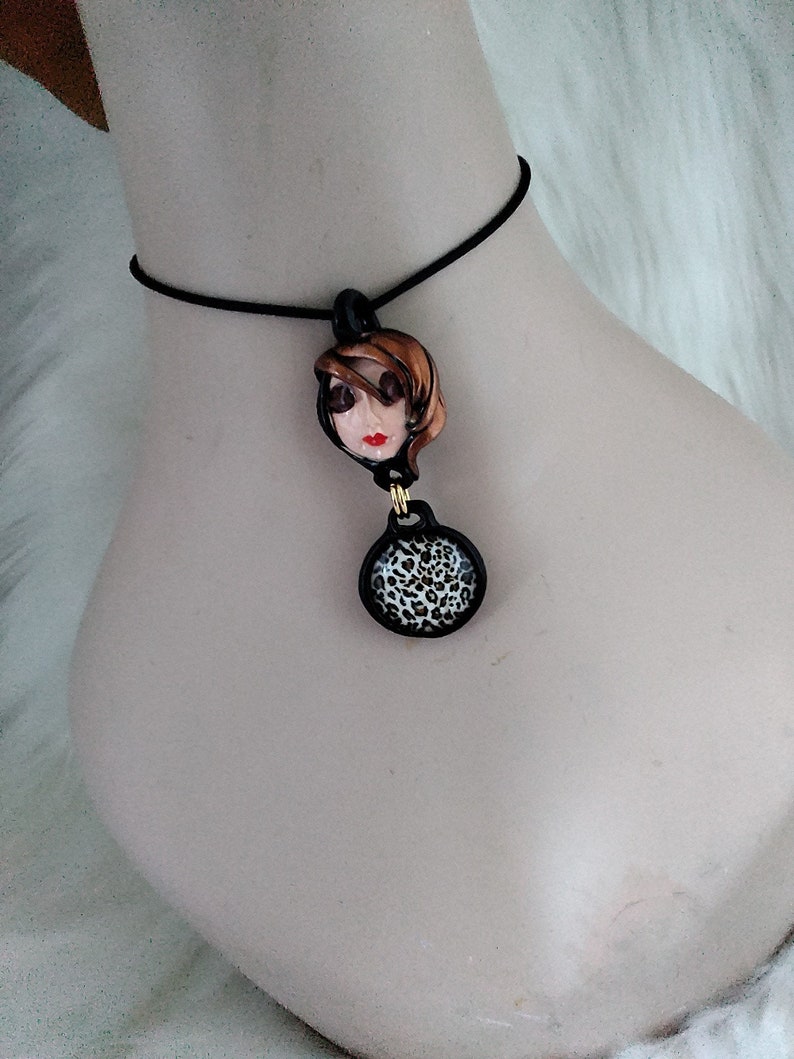 Leopard skin Moon face necklace Art to wear handmade jewelry serenity pretty face Peace artistic Pendant Necklace Black gold