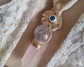 Evil eye unisex necklace with rose quartz point and crystal  ball Handmade pendant Grace and Frankie statement necklace art to wear unique