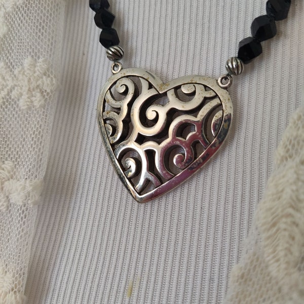 Vintage Brighton large Heart drop with black crystal beads and silver chain, necklace with heart closure  1990's #108