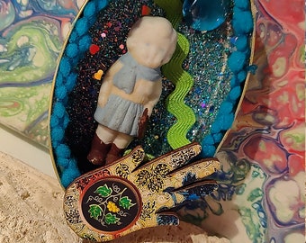 Frozen Charlotte Doll Shadowbox Art: Upcycled Tin Ornament by Susan Sorrentino