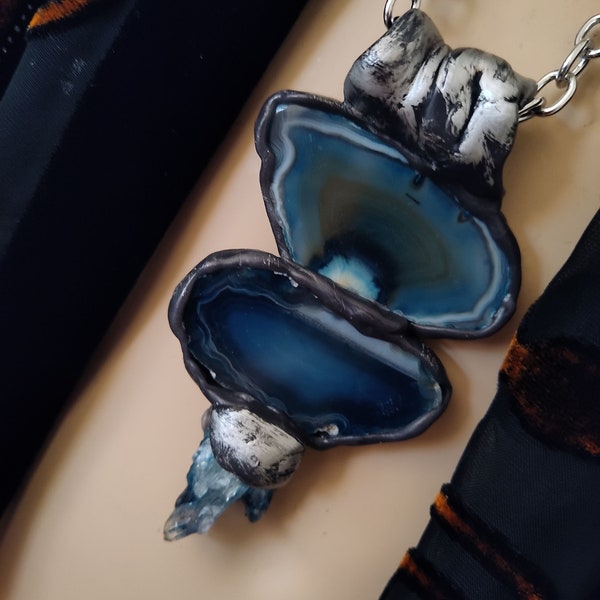 Handmade Dark blue slab agate crystal statement necklace Art to Wear unisex Jewelry Grace and Frankie inspired lightweight one of kind