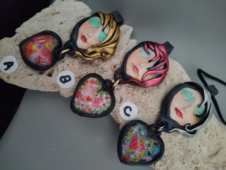 Pretty face necklace Love is in the Air Handmade Serenity Moon face pendant with pretty drop whimsical hair Art to Wear OOAK by Sorrentino image 2