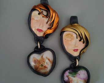 Handmade Cat Pretty face necklace Love is in the Air Serenity Moon face pendant with pretty drop whimsical hair Art to Wear OOAK  Sorrentino