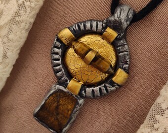 Handmade tiger eye circular pendant Art to Wear unisex Jewelry Grace and Frankie inspired double turmelated point Native 4 directions power