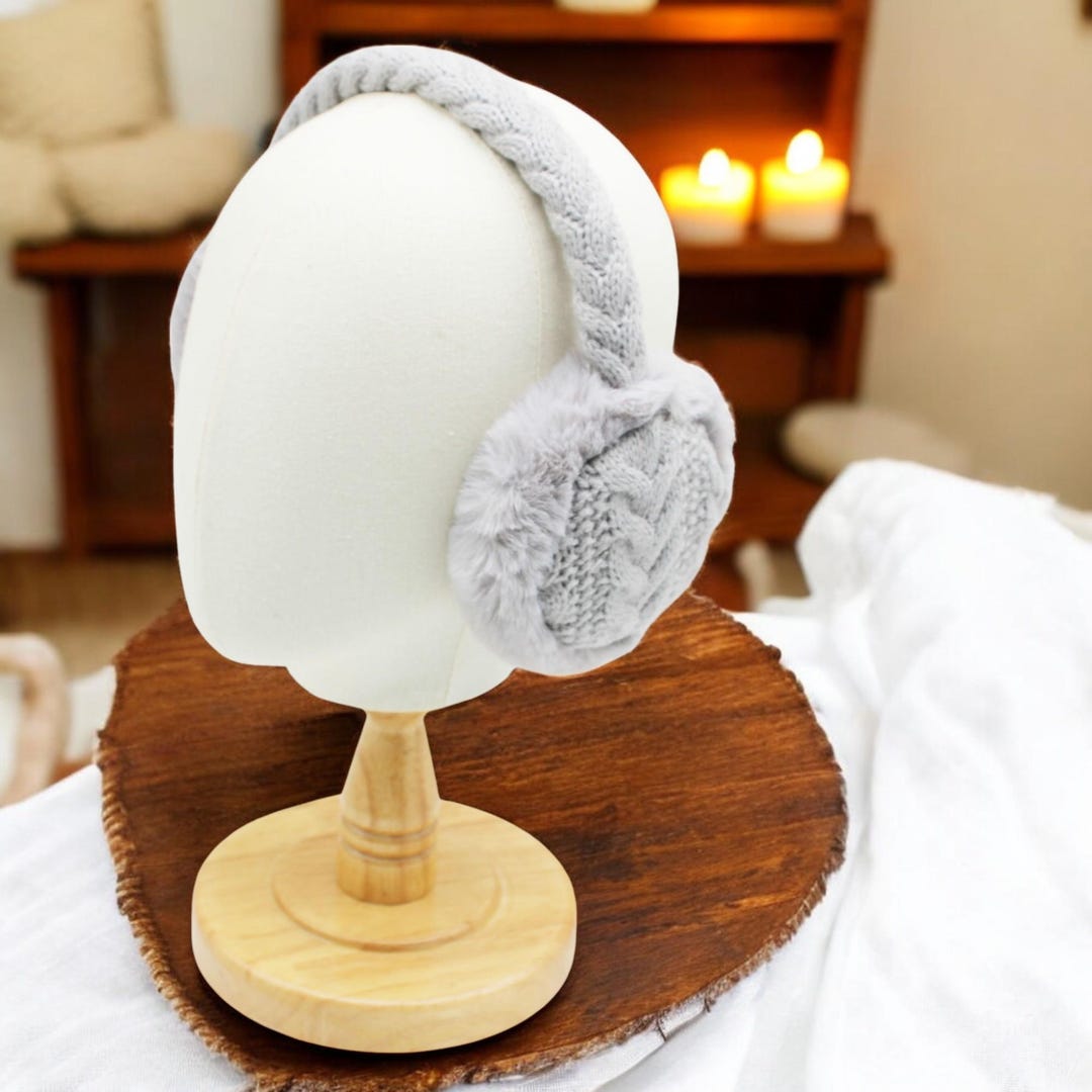 Unisex Cable Knitted Ear Muffs Plush Rabbit Fur Ear Warmers Faux Fur