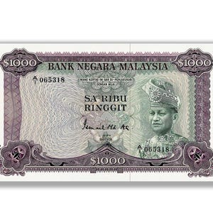 REPLICA 1967 Malaysia 1000 Ringgit Note | World Currency Gift | Old World Money | Printed on Currency Grade Paper for Authentic Look n Feel