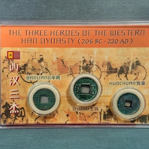 Set of 3 Ancient Chinese Western Han Dynasty Coins | The Three Heroes | Rare Coin Collectible Display Case | Vintage Keepsake Coin Collector
