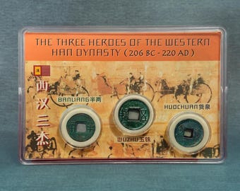 Set of 3 Ancient Chinese Western Han Dynasty Coins | The Three Heroes | Rare Coin Collectible Display Case | Vintage Keepsake Coin Collector