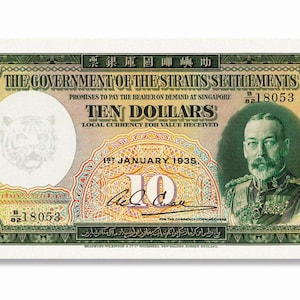 REPLICA 1935 Malaya Straits Settlement George V 10 Dollar Note | World Currency | Printed on Currency Grade Paper Authentic Look n Feel
