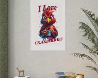 Cute Food Poster, Redbird Holding Cranberries, Thanksgiving Wall Art, Rolled Poster Gift Idea, Kitchen Decor Print, Holiday Art Print