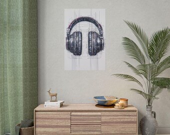 Poster hoofdtelefoon blauwdruk, decor muziekstudio, kunst aan de muur