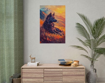 Dog Lover Poster, Rolled Poster with Cute Dog in Colorful Grass Field, Sunset Art Print, Dog Owner Gift, Animal Wall Decor