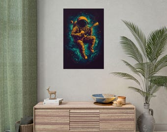 May include: An astronaut floating in space playing a guitar. The astronaut is wearing a yellow spacesuit and is surrounded by stars and planets. The background is a dark blue with a green nebula.