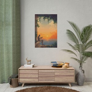 Pósteres enrollados, póster de robot relajante y océano, póster de robot leyendo un libro, arte mural de playa matutino, impresión de amanecer en el océano, relajante paisaje costero.