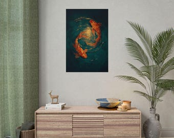 May include: A framed art print featuring two orange koi fish swimming in a dark teal pond. The fish are positioned in a yin-yang formation, with a golden center. The artwork is displayed above a wooden cabinet.