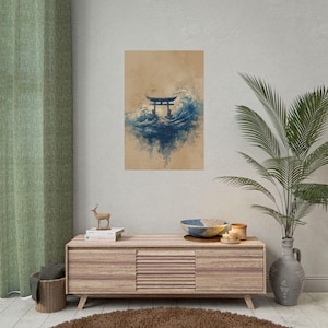 Pósteres enrollados, póster de la Puerta Tori japonesa en el océano, arte mural azul y tostado, decoración samurái, regalo para amantes del océano, impresión artística japonesa