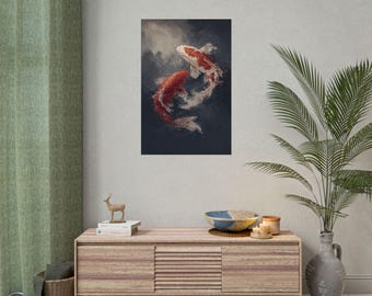 May include: An artistic print featuring two koi fish in shades of red and white, set against a dark blue background. The fish are depicted in a swirling, dynamic pose, creating a sense of movement and harmony. This artwork is suitable for home decor.