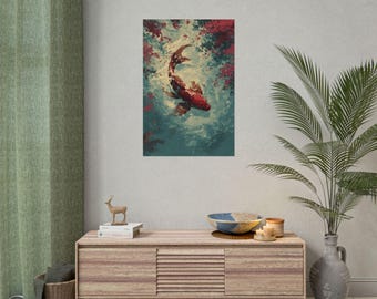 May include: A framed art print featuring a vibrant koi fish swimming in a teal and blue pond. The fish is a striking red color, with red and pink accents around it. The artwork is displayed on a white wall, above a wooden cabinet.