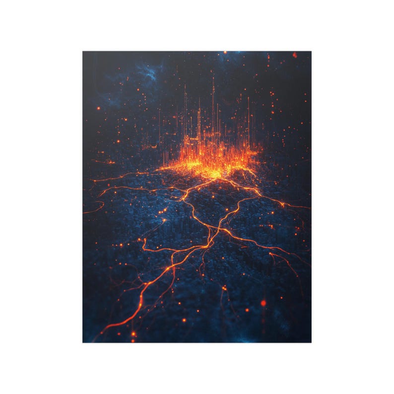 Satin Poster, City Skyline Energy Art, Abstract Nighttime City Wall