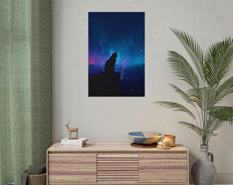 Neon Cat Poster, Cat Lover Decor, Rolled Poster, Wall Art Print, Cityscape Poster, Relaxing Cat Art Print