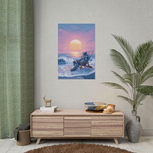 Roboter entspannt gerolltes Poster, Beach Wave Ocean Kunstdruck, Sci-Fi Poster, Retro Roboter Wanddekor, Vintage Roboter Kunst, Cyberpunk Poster