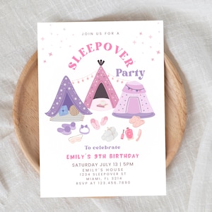 Sleepover Birthday Invitation for Girls, Girl Spa Party Invite, Slumber Party Pajama Invite | Editable Canva Template, Digital Download