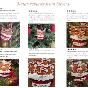 May include: A collection of six customer reviews featuring personalized gingerbread family ornaments. Each ornament depicts brown gingerbread figures in a red mug with white icing, displaying names, years, and family surnames in black script.