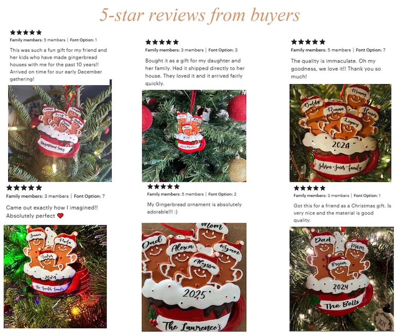 May include: A collection of six customer reviews featuring personalized gingerbread family ornaments. Each ornament depicts brown gingerbread figures in a red mug with white icing, displaying names, years, and family surnames in black script.