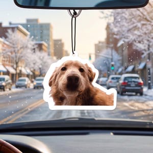 Könnte beinhalten: Ein gestanzter Auto-Lufterfrischer mit einem Fotodruck eines goldfarbenen Hundes mit Schlappohren und einer dunklen Nase. Das Ornament hängt an einer dünnen schwarzen elastischen Kordel an einem Rückspiegel und zeigt ein Hundeporträt.