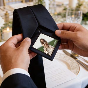 Peut inclure: Une cravate noire avec un petit insert photo. La photo montre une femme et un enfant. La cravate est tenue par une personne portant une chemise blanche et une veste de costume sombre. L'arrière-plan comprend une table avec des fleurs et des bougies.