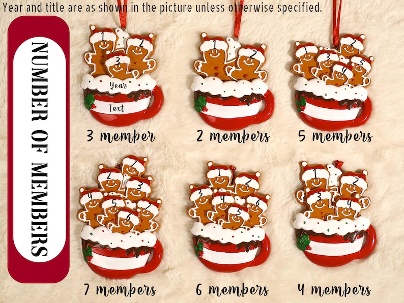 May include: Six Christmas ornaments shaped like red mugs filled with white frosting and varying numbers of gingerbread people wearing Santa hats. Each mug features a red ribbon for hanging and text placeholders labeled Year and Text.