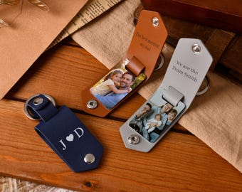 Personalized Mens Leather Keychain with Photo,Metal Tag Photo Keychain,Anniversary Gifts for Him