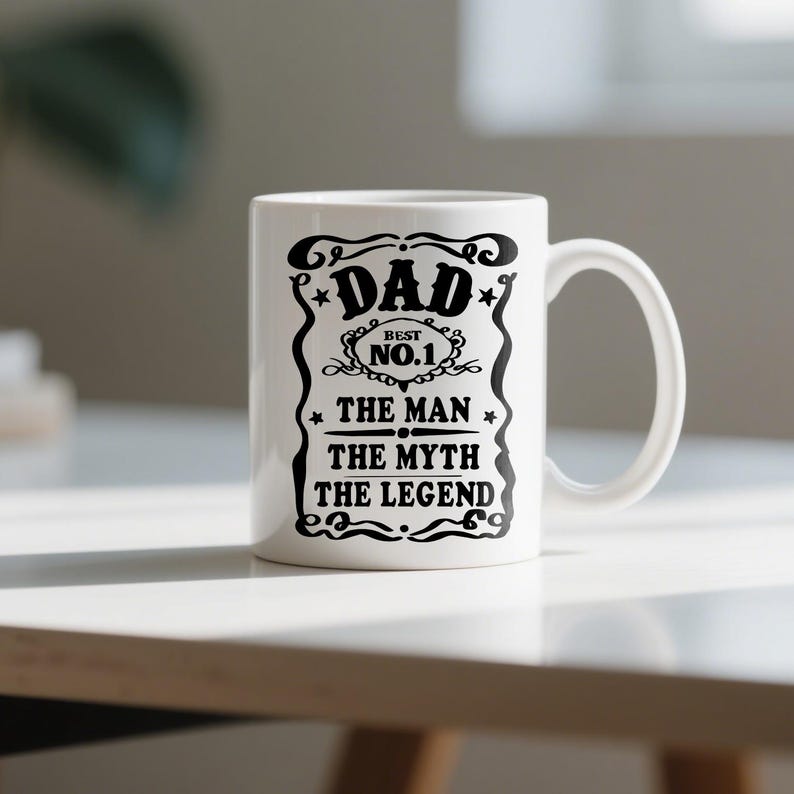 Pode incluir: Caneca de cer&acirc;mica branca com um design preto que diz "Dad Best No.1 The Man The Myth The Legend".