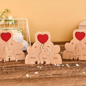 Personalized Wooden Family Puzzle,Wooden Elephants Carvings,2-7 Person Animal Figurines In Gift Box,Ideal For Anniversaries & Home Decor.