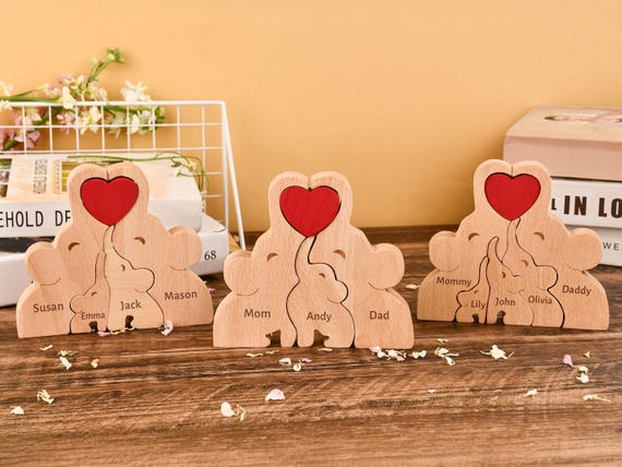 Personalized Wooden Family Puzzle,Wooden Elephants Carvings,2-7 Person Animal Figurines In Gift Box,Ideal For Anniversaries & Home Decor.