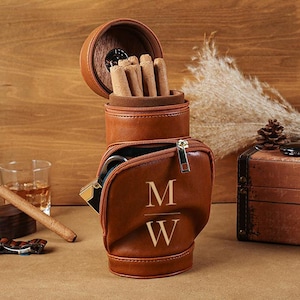 Personalized Travel Cigar Humidor Case, Leather Cigar Holder with Cutter,  Cigar Travel Case,  Gift for Dad Husband Gift for Him.