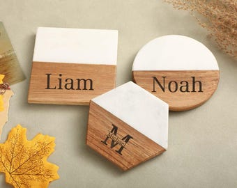 Custom Marble Wooden Coaster,Personalized Family Names Coaster,Custom Wood Engraved Anniversary Gift for Him,Couple Gifts,New Home Gift