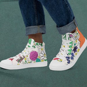Floral High Top Canvas Sneakers: Cream Flower Design, Summer Streetwear