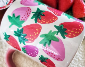 Pink Strawberry Coffee Mug -- 11 oz Ceramic, Hand-Painted Print