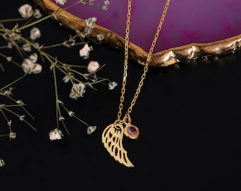 Birthstone Angel Wing Necklace, Sterling Silver Memorial Gift