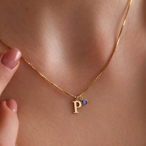 Collar inicial personalizado con piedra de nacimiento, collar con letras de oro, collar con piedra de nacimiento con cadena de caja, regalo de cumpleaños, regalo de Navidad
