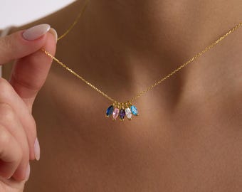 Aangepaste geboortesteenketting Marquise, 14k gouden sierlijke ketting, familiecadeau, verjaardagscadeau voor haar, cadeau oma, Moederdagcadeau voor moeder
