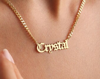 Collar con nombre personalizado en oro de 14 quilates con cadena de eslabones, collar con nombre gótico personalizado, regalo de cumpleaños, regalo de San Valentín para ella, regalo para mamá