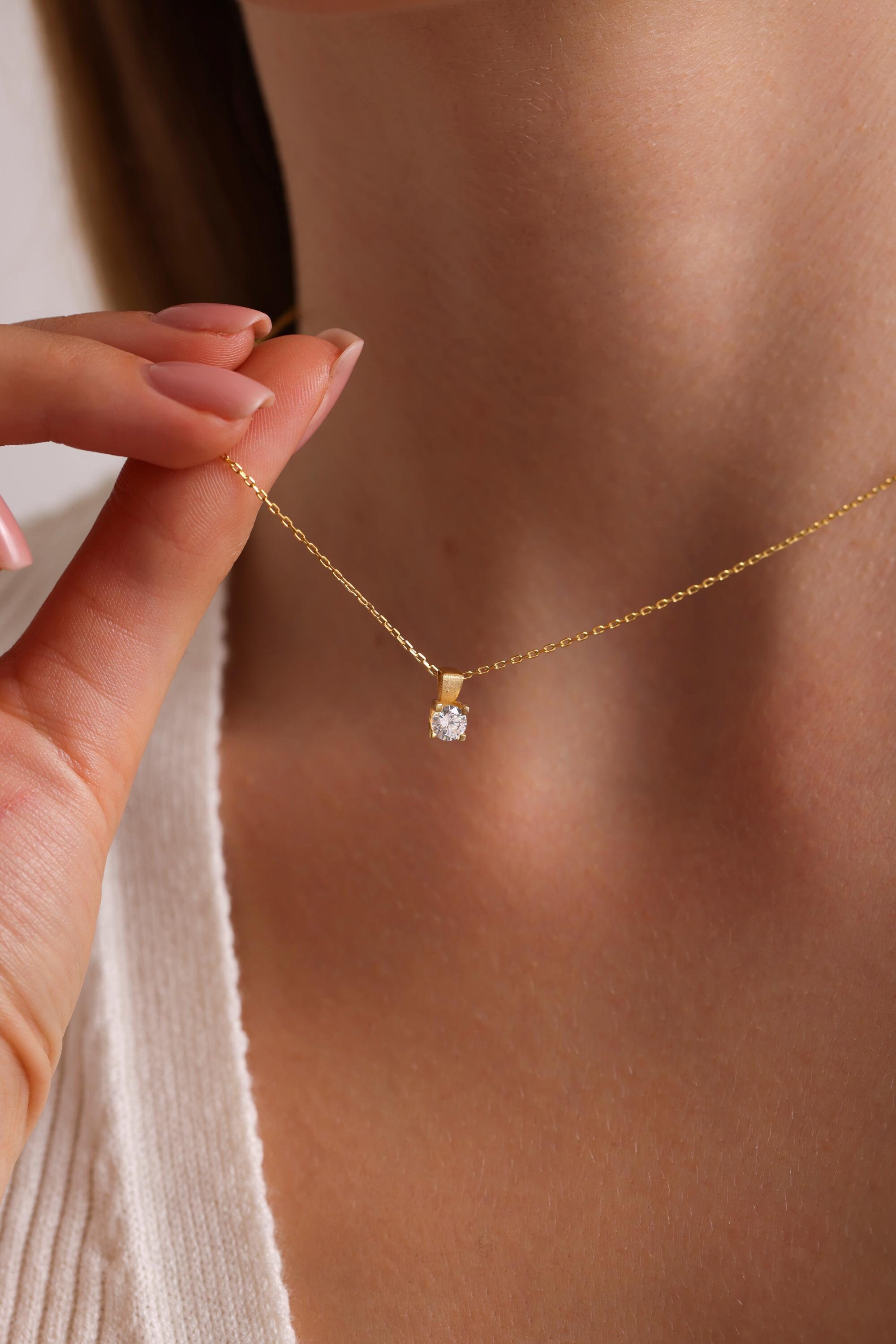 Solitaire Diamond Necklace, Gold Solitaire Diamond Pendant, Mothers Day Gift, Diamond Pendant, CZ Necklace, Anniversary Gift