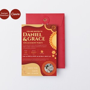 Modello di invito di fidanzamento cinese modificabile, matrimonio asiatico elegante, biglietto d'invito cinese, modello di invito di matrimonio cinese