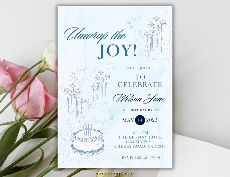 Elegant Blue Birthday Card A4 Size Editable & Printable Template Simple