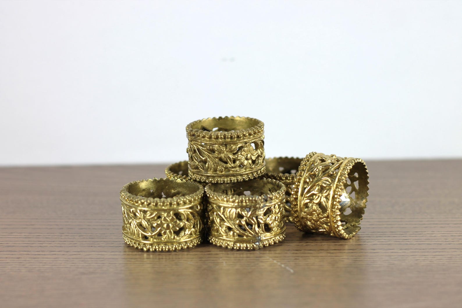 Vintage Set of 6 Gold Brass Floral Napkin Ring Holders