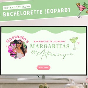 Margs and Matrimony Green Bridal Bachelorette Jeopardy Game Template Canva Bachelorette Weekend Bride to Be Game Tequila Hens Party Game